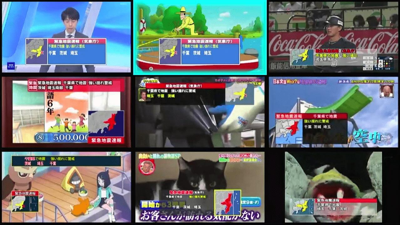 Sembilan stasiun TV Jepang menampilkan peringatan gempabumi.