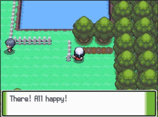 Karakter utama, Dawn, dari Pokémon Platinum, sedang menyiram tanaman berry. Kotak dialog di bawah berisi teks, “There! All happy!”