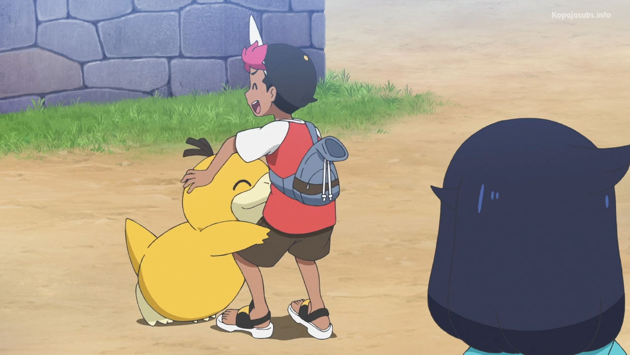 Tangkapan layar Pokémon Horizons di mana Roy memeluk Psyduck.